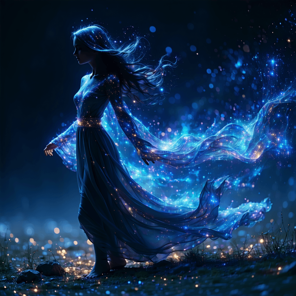 AI generated: A celestial mage, her form dissolving into a shifting constellation of stars and her clothing seemin...