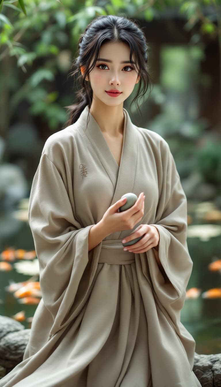 AI generated: A tranquil portrait of a serene woman, her gaze calm, her eyes filled with wisdom, posing in a flowi...