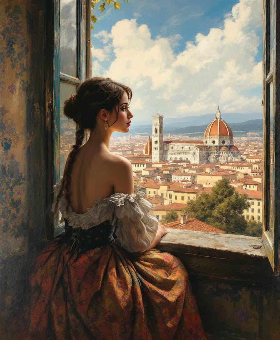 AI generated: Stunning oil painting on canvas Robert Burns (1869 - 1941) - Portrait of a Lady at a Window Overlook...