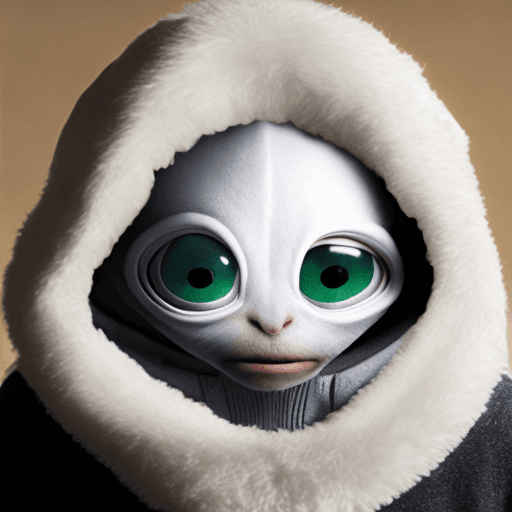 AI generated: An image of an alien, a small, white, and furry creature with a big head and large eyes. It is weari...