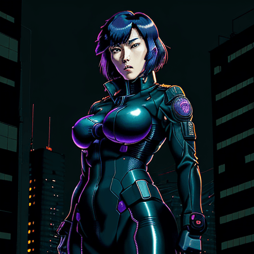 AI generated: A powerful woman officer, Major Motoko Kusanagi, standing confidently against a background of a dyst...