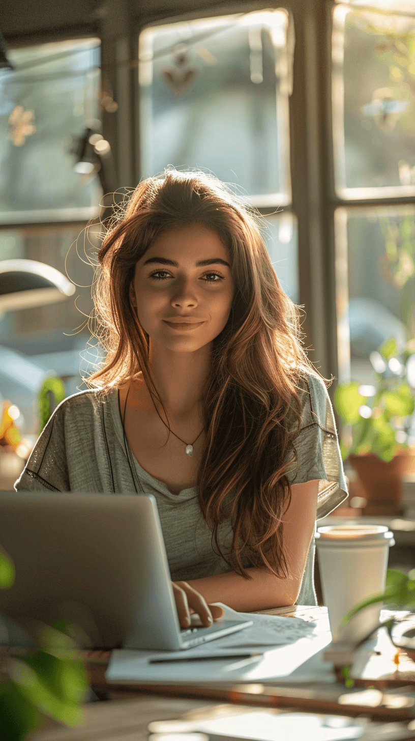AI generated: minimalist workspace, focused designer woman at a white desk, high resolution photograph, used camer...