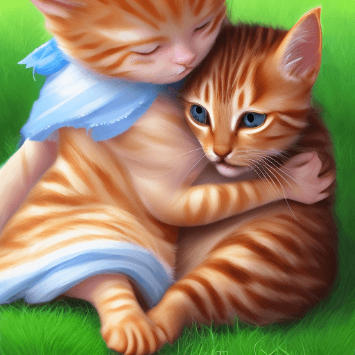 AI generated: little girl, six years old, short blond hair, green eyes, waking up in morning by orange tabby, stri...