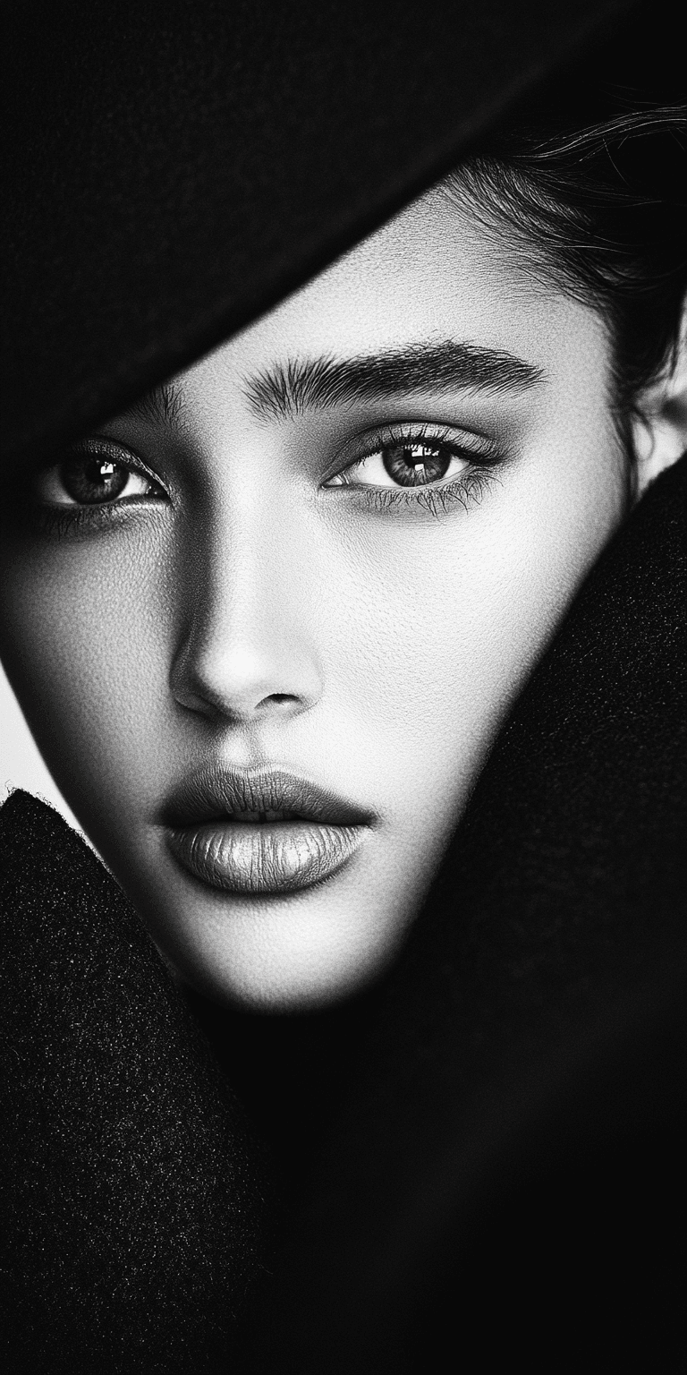 AI generated: fashion photography, cover photo, black and white, female model, facing the camera, shot on Sony A7 ...