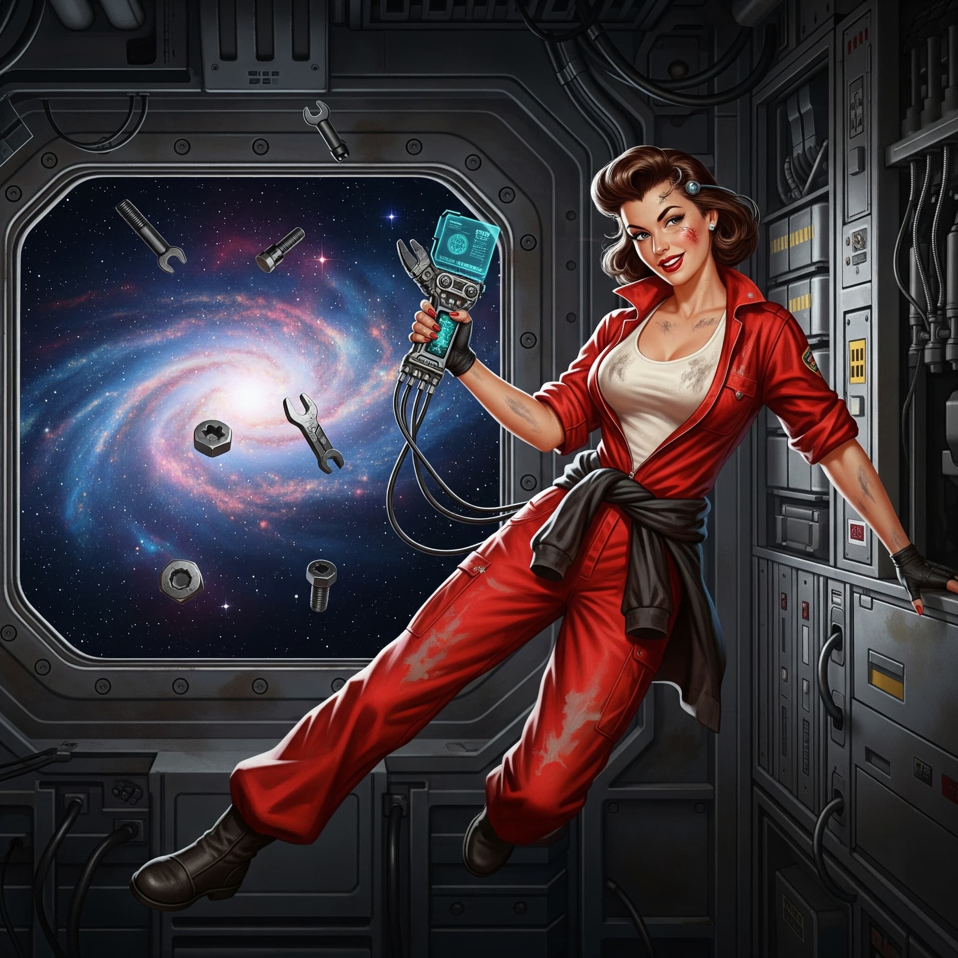 AI generated: A 1950s pin-up style illustration of a female spaceship mechanic in zero gravity. She has a classic ...