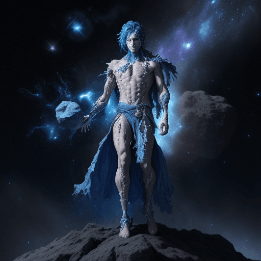 AI generated: Action shot of a male cosmic sorcerer dressed in torn blue robes standing on an asteroid with space ...