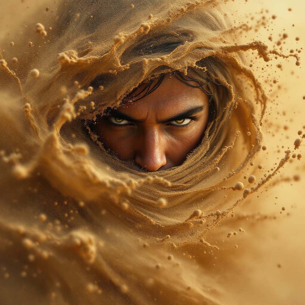 AI generated: Warrior dissolving into swirling sand, ultra-realistic, in the style of Marvel Comics, volumetric du...