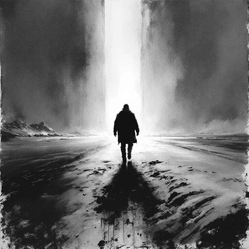 AI generated: Artistic illustration of a cold, desolate winter night, December’s bite in the air, a lone figure (m...