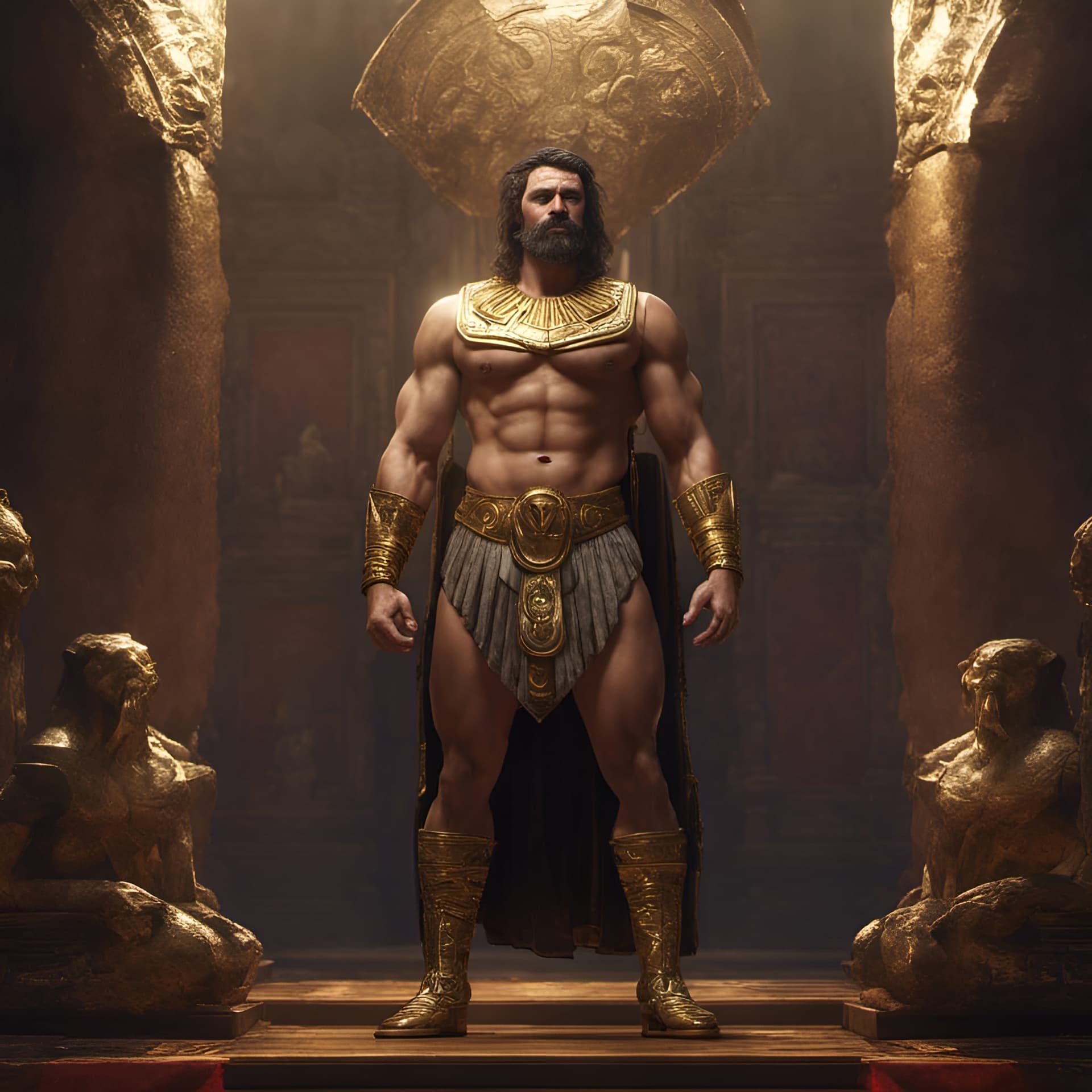 AI generated: portrait of Hercules (greek) with gold egyptian attire, ruby, diamond, pyramid theme background, Unr...