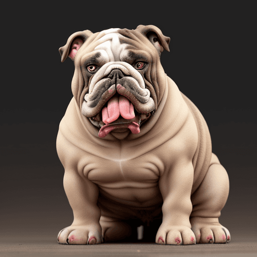 AI generated: A real natural old bulldog, in full seated facing directly to the camara but sad looking , with orig...
