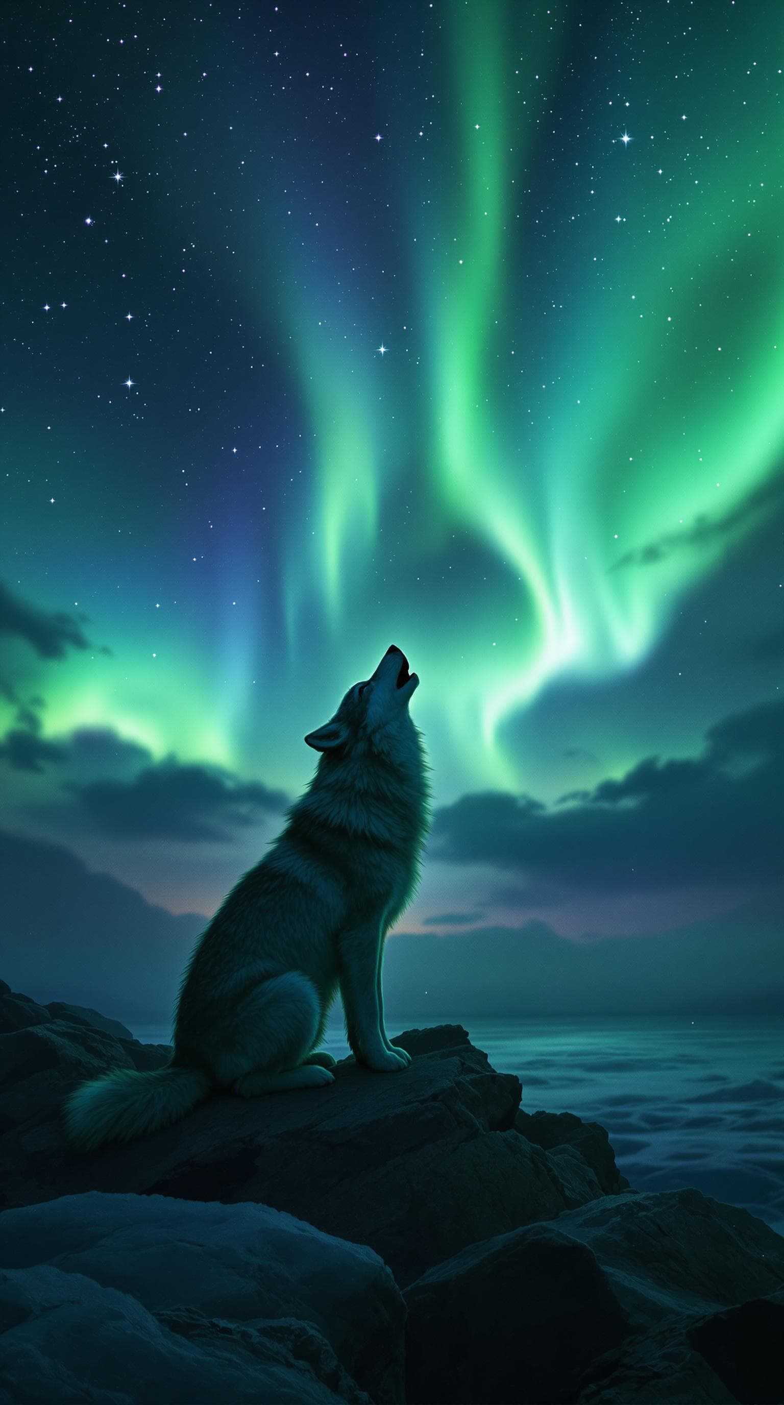 AI generated: wolf howling at the aurora borealis, legs 4, night time, sky, stars, photorealism, hyper realistic, ...
