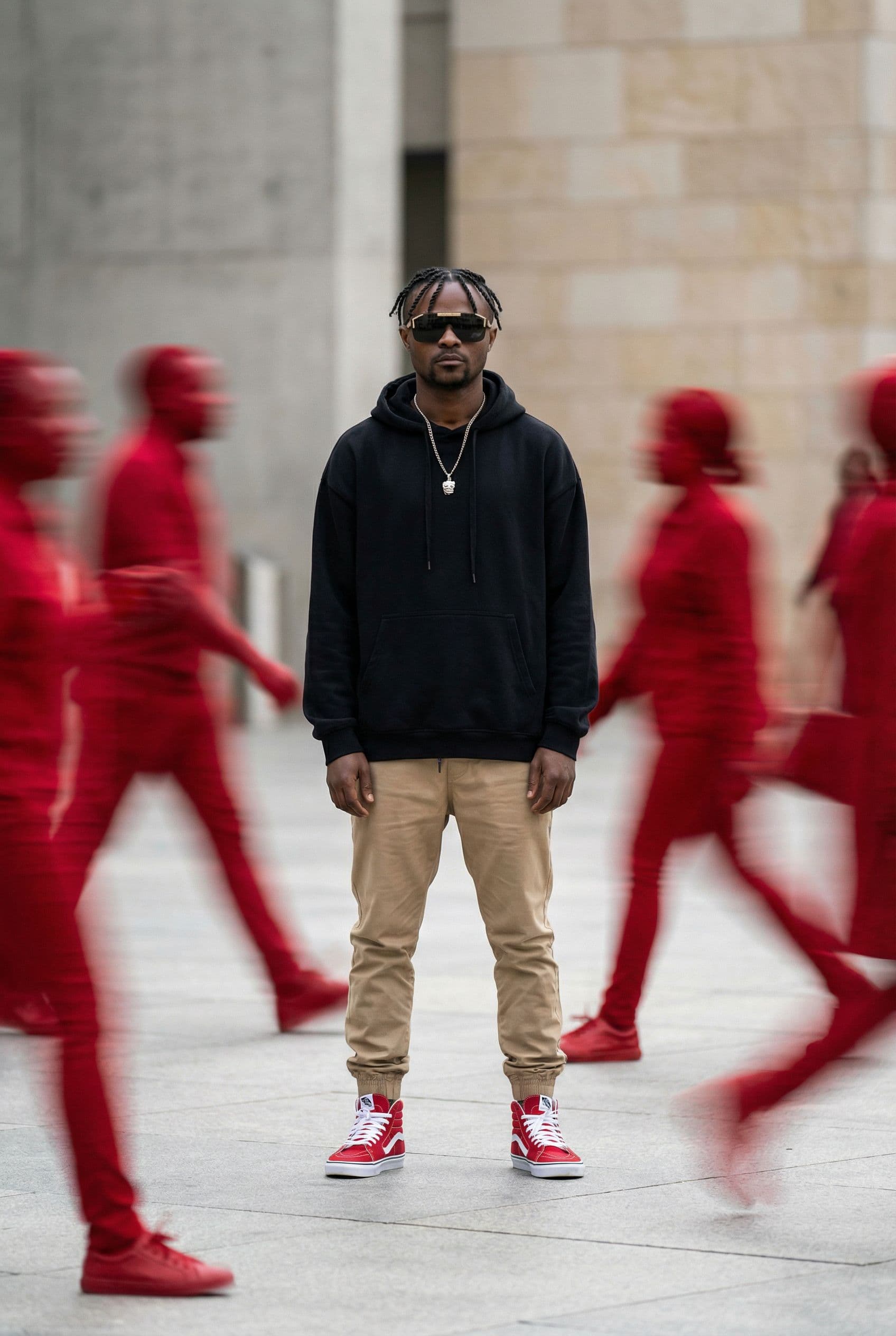 AI generated: editorial photography, front shot, capturing urban hustle with a single focused male model, standing...