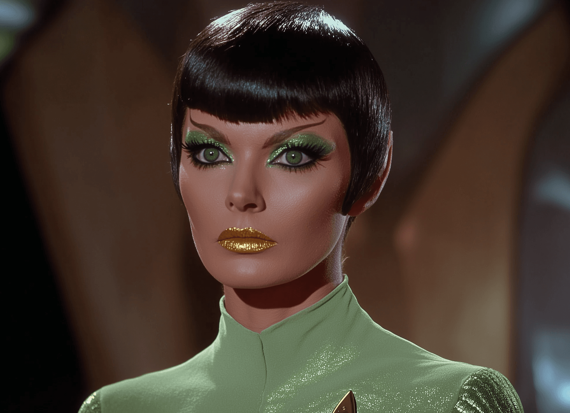 AI generated: A still from the original Star Trek TV series, showing an alien woman with short dark hair and glowi...