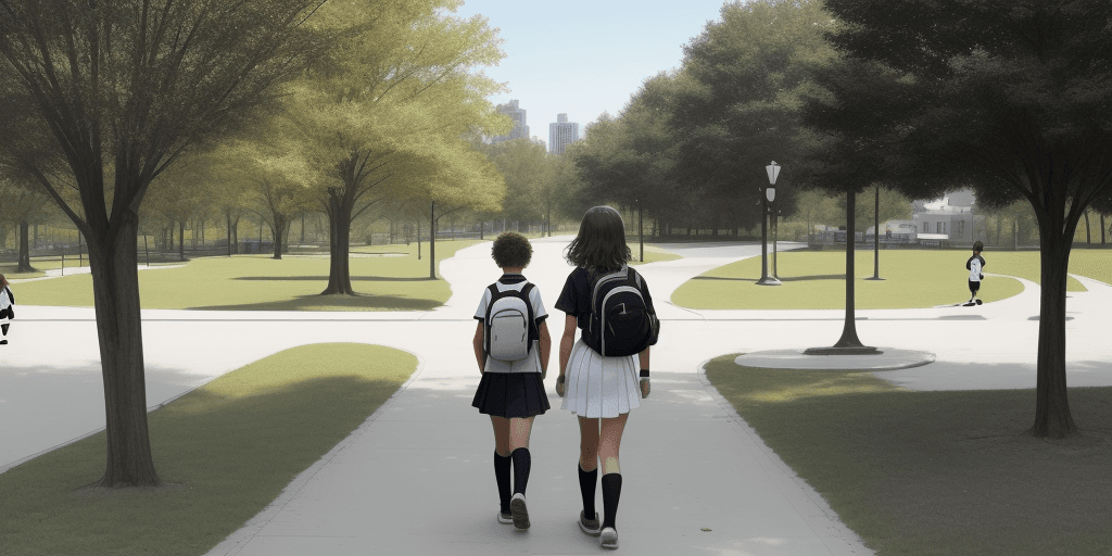 AI generated: Create a graphic of a white grade schooler and a black grade schooler walking away from us in a park...
