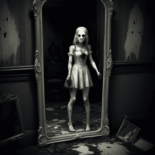 AI generated: A female ghost ((with broken doll skin1:1)) looking at her own reflection in an old mirror, splatter...