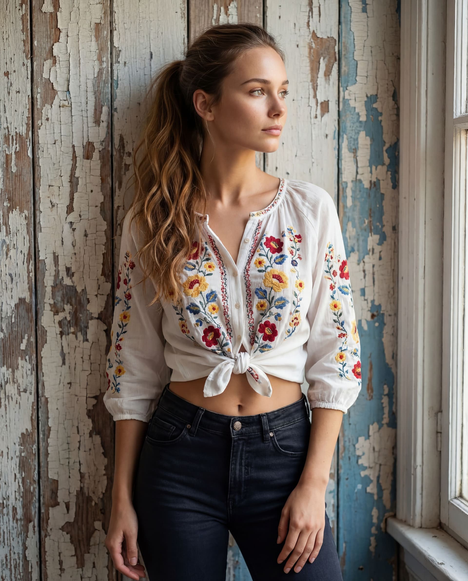 AI generated: Portrait of a young woman with long, wavy ponytail hair, wearing a white blouse with floral embroide...
