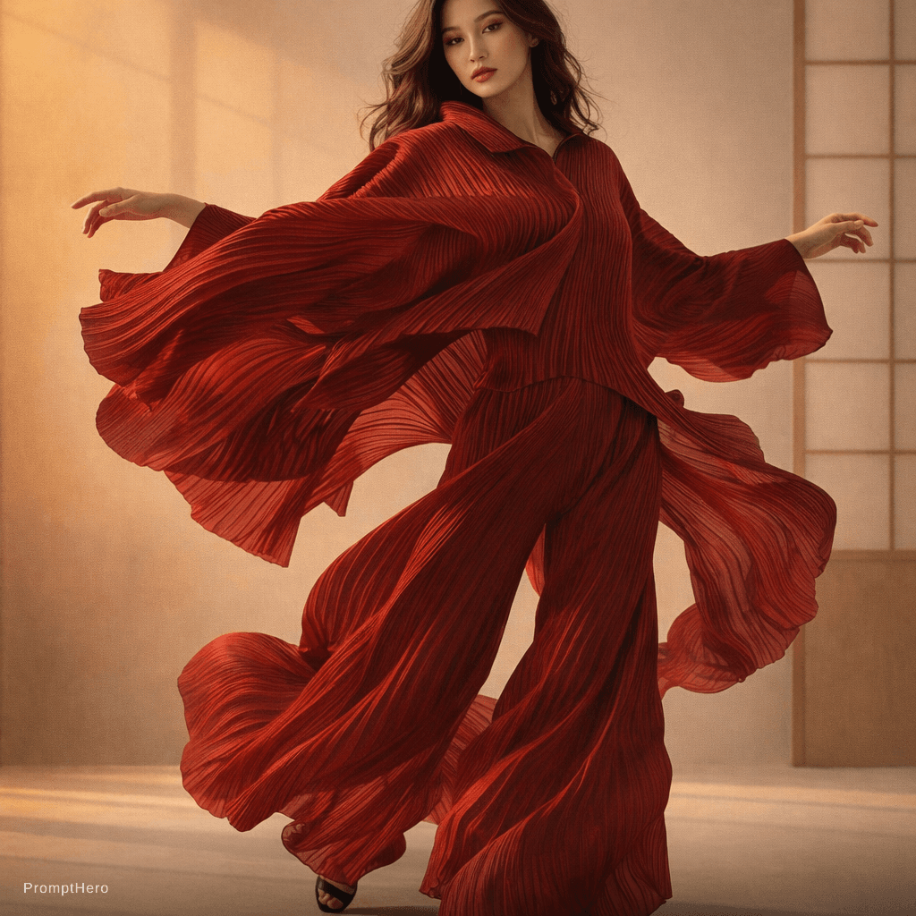AI generated: 2. A fashion photoshoot featuring a full-body shot of a model wearing a pleated deep crimson outfit ...