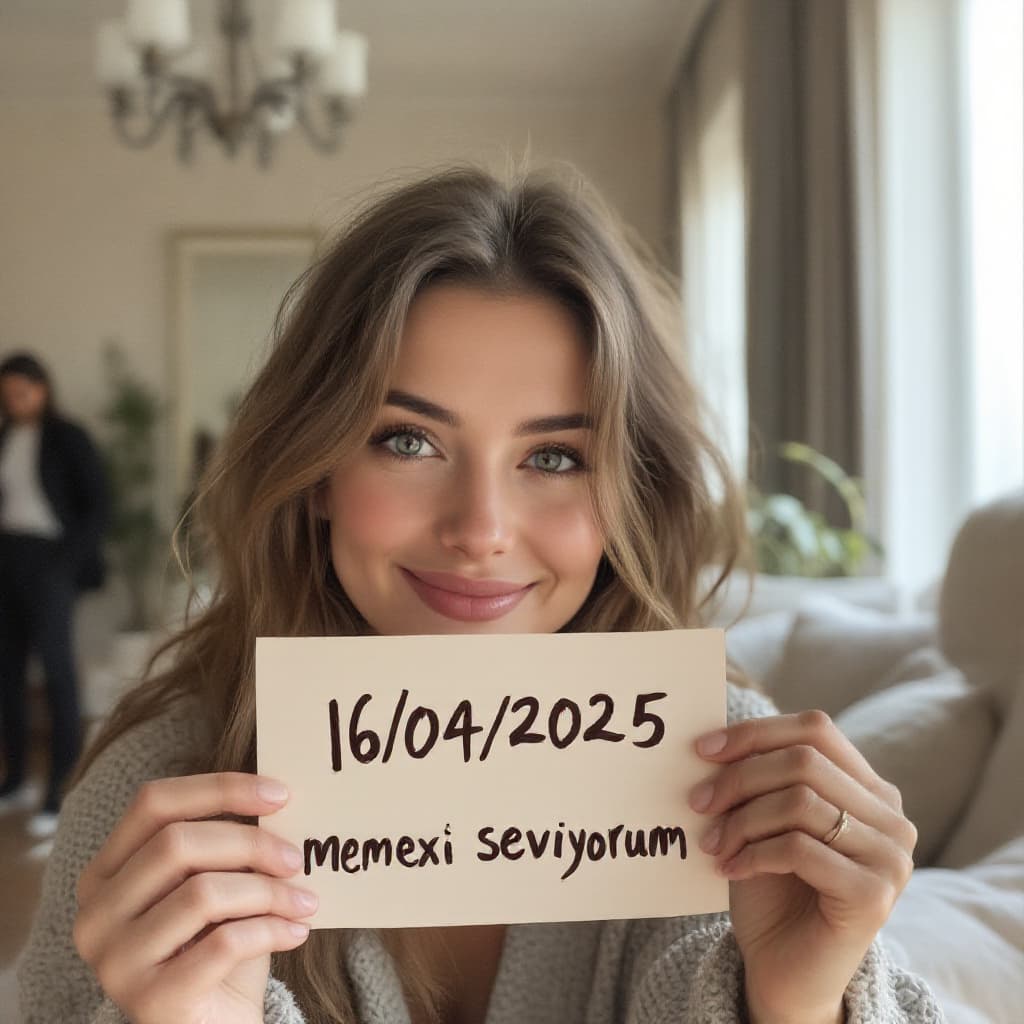 AI generated: Selfie of a lady holding a handwritten small sign that says, “16/04/2025” “memexi seviyorum” 