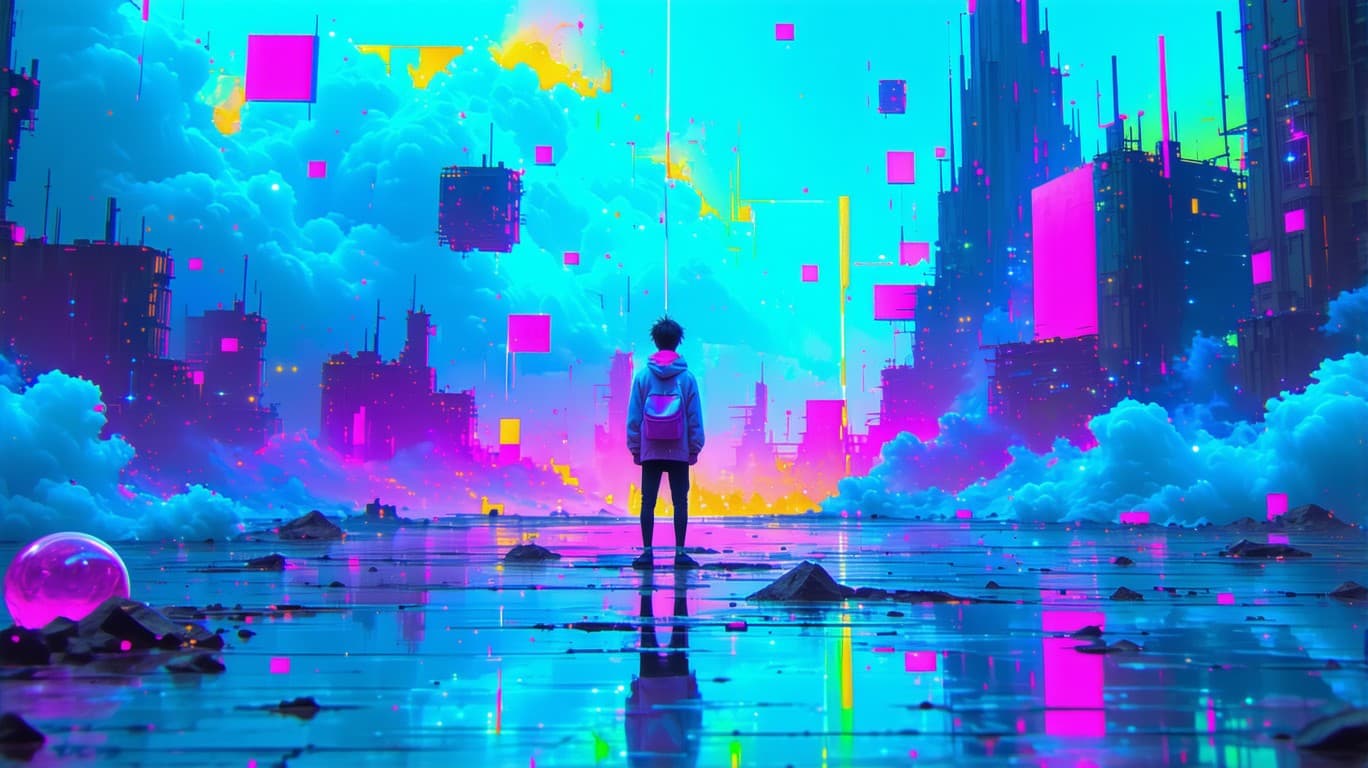 AI generated:  Surreal digital artwork. Medium shot. A character stands in a distorted city with floating objects....