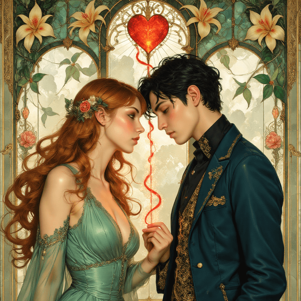 AI generated: Intricate Art Nouveau tableau in the style of Alphonse Mucha::1.6  
A stylized couple connected  fr...