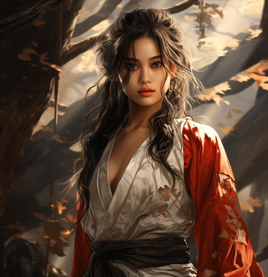 AI generated: an young asian woman in the forest in kimono, in the style of unreal engine 5, romantic illustration...