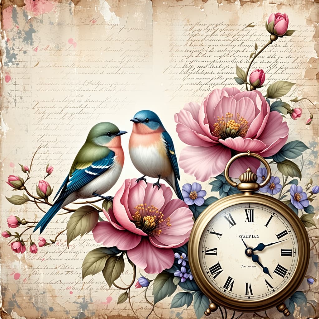 AI generated: Image is a vintage-style illustration featuring two small birds perched among large, blooming flower...