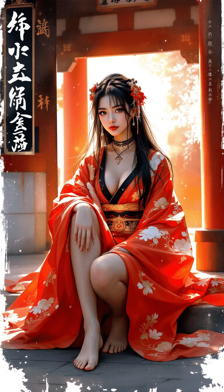 AI generated: Full body view of OBxiaoxiang, inksplash portrait of stunning oriental princess stting outside shint...