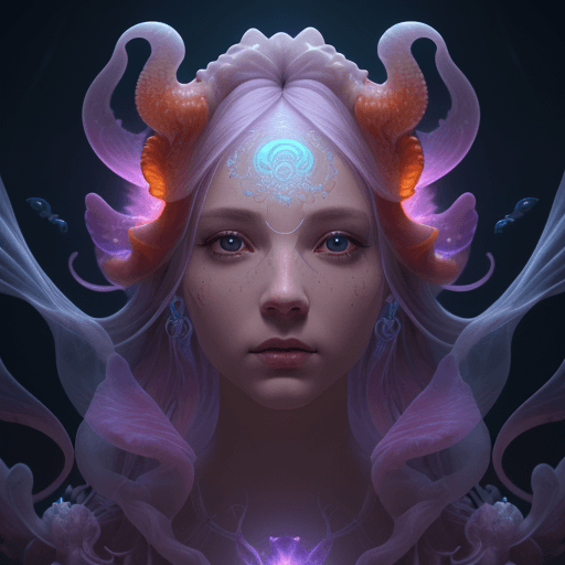 AI generated: Goddess close-up portrait ribcagel. jellyfish phoenix head, nautilus, orchid, skull, betta fish, bio...