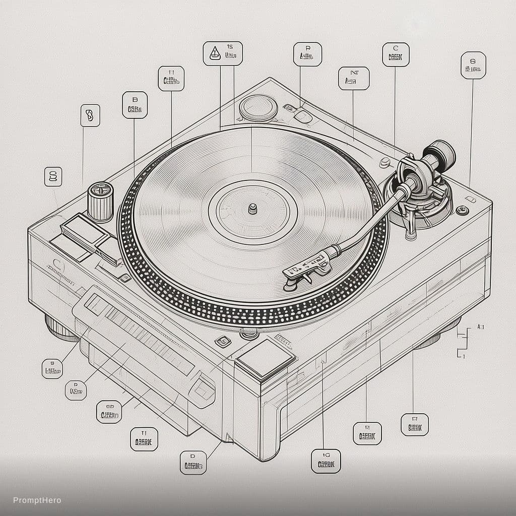 AI generated: technical isometric exploded-view diagram of vinyl turntable, consistent lineweight blueprint with p...