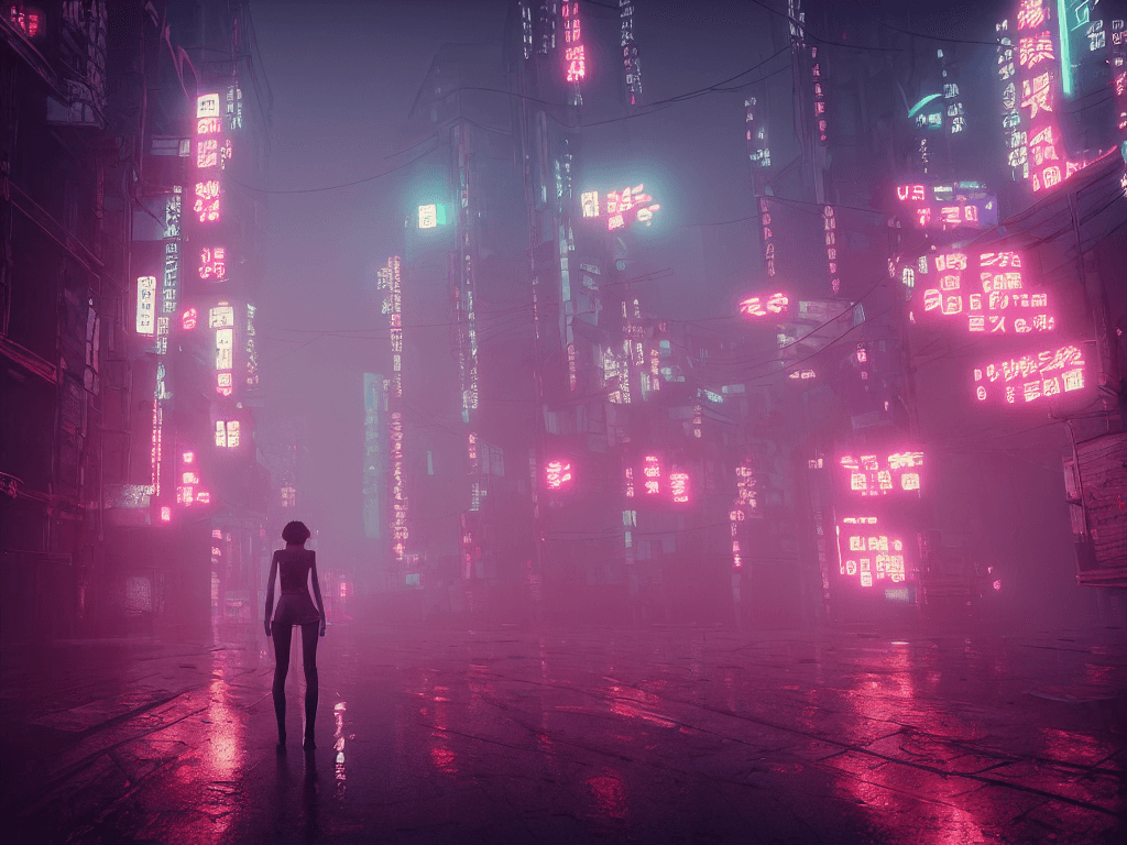 AI generated: necromance girl, rainy foggy cyberpunk city neo tokyo, cinematic lighting, reflections, 4k, hyperrea...