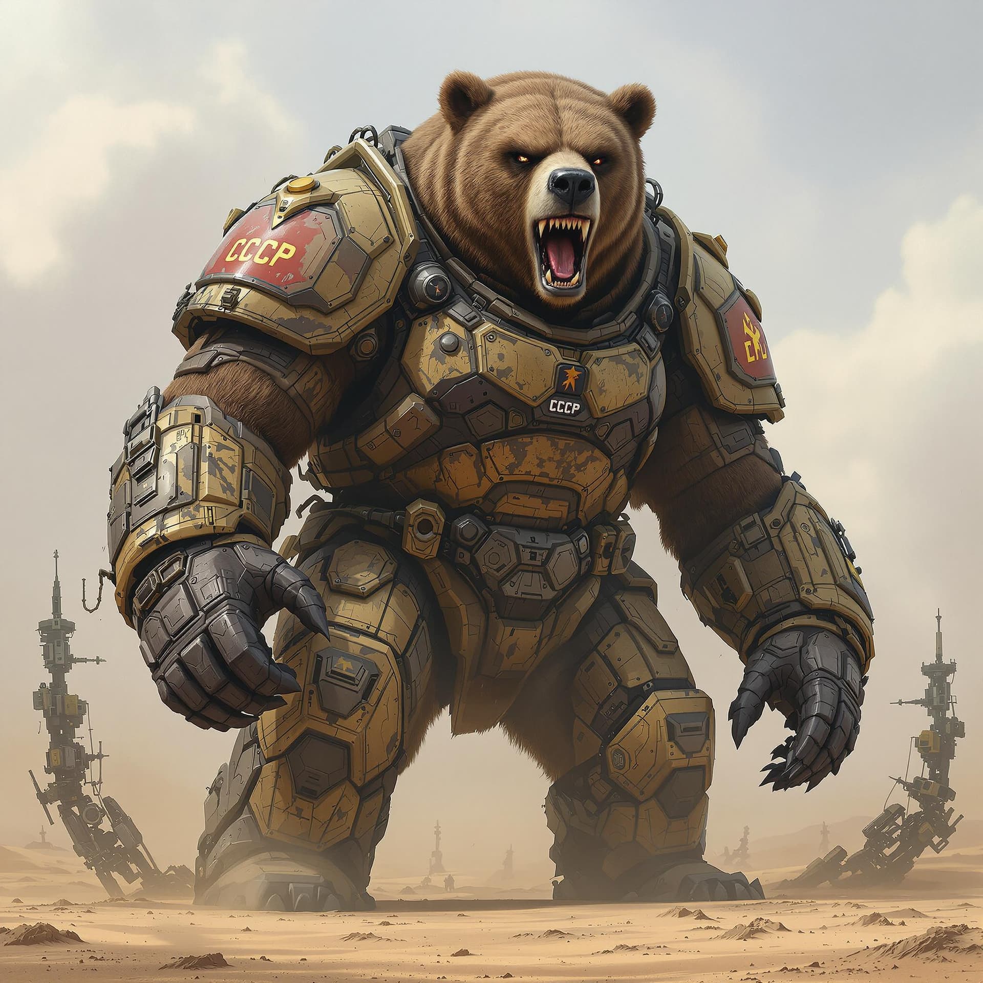 AI generated: A massive, menacing bear, around 4.5 meters tall, is depicted in a dynamic and epic style. Its armor...