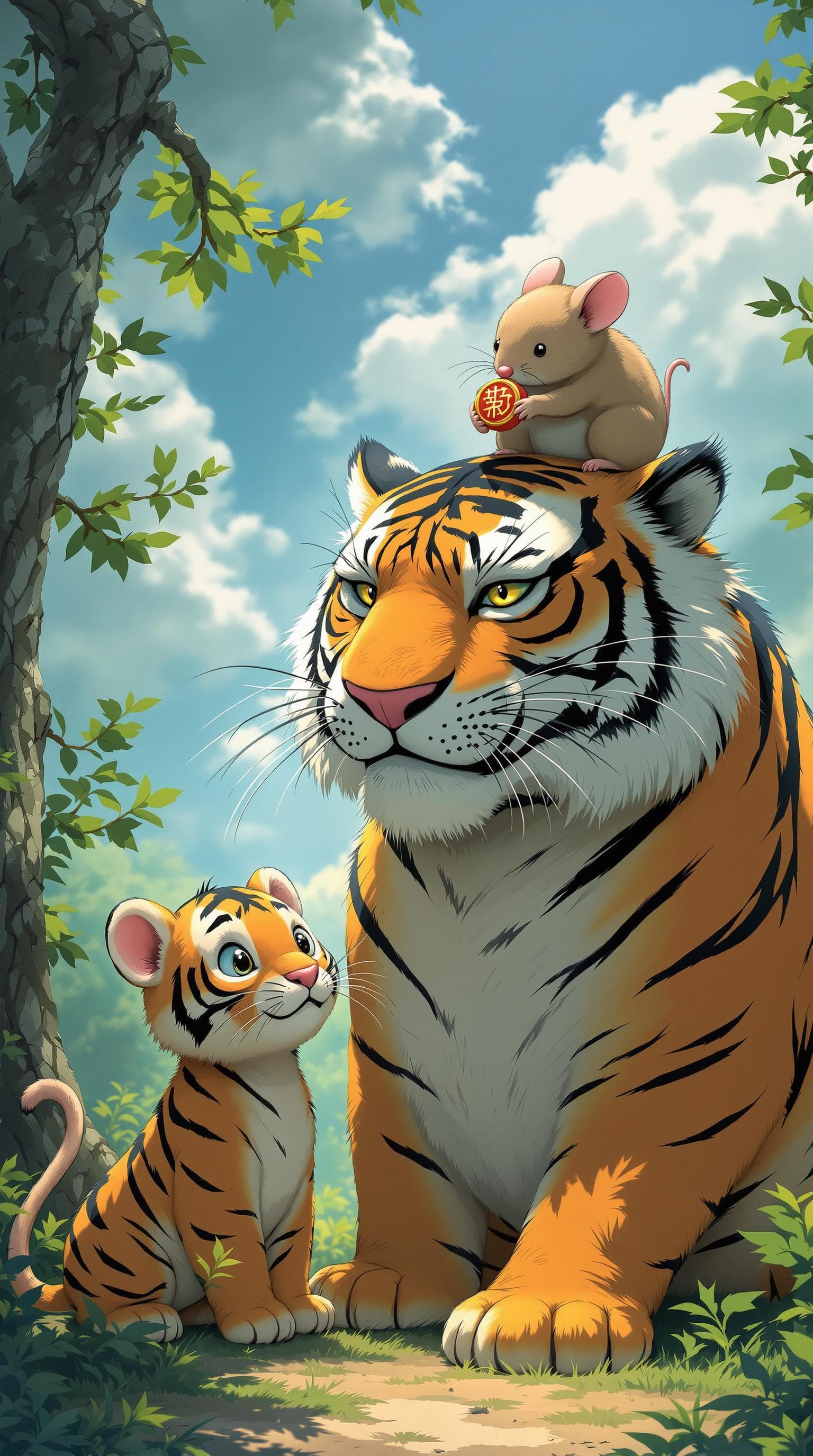 AI generated: a tiger and two tiger cubs, and a oversized mouse ,with a mouse on the tiger's head, the mouse holdi...