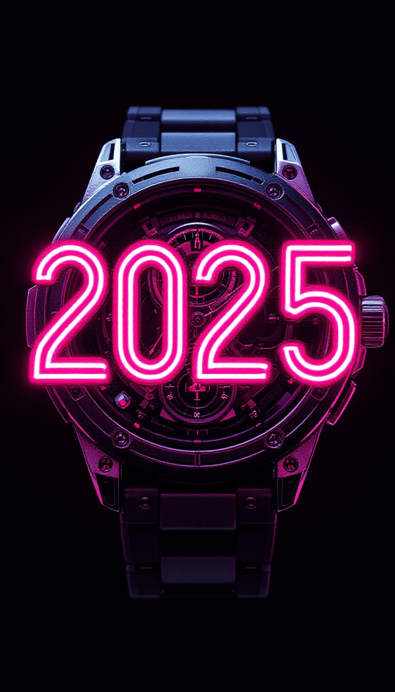 AI generated: Number "2025" engraved from bright magenta intertwined neon tubes, front view on dark background, wi...
