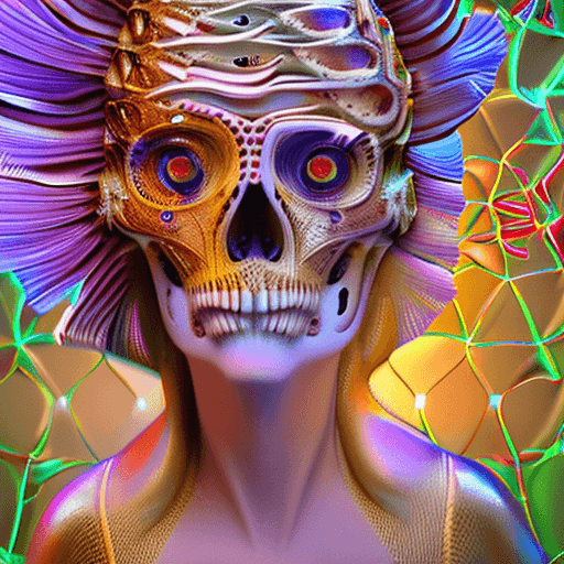AI generated: Goddess close-up portrait ribcagel. jellyfish phoenix head, nautilus, orchid, skull, betta fish, bio...