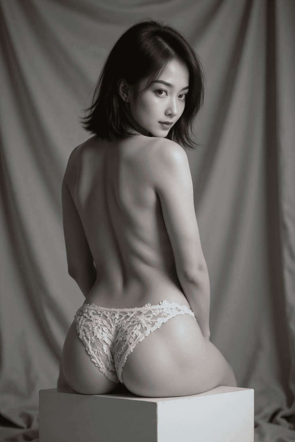 AI generated: A photorealistic, ultra-detailed, and cinematic fine-art boudoir photograph, in the style of classic...