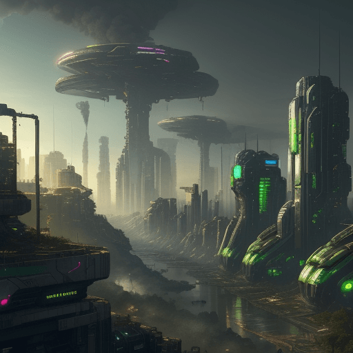 AI generated: Different elements: Energy, war, Ecology, Economy, Health and Technology. Background is two possible...