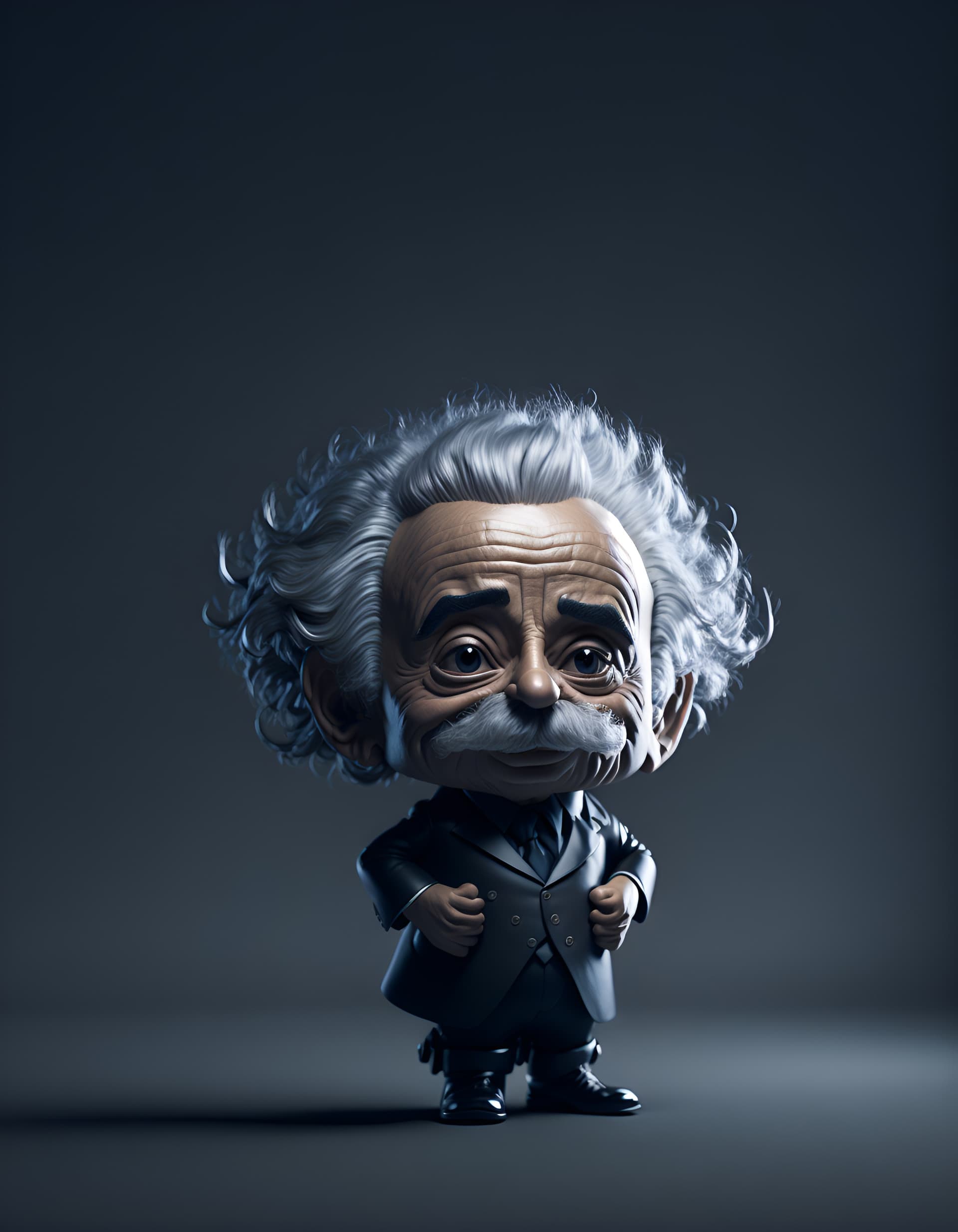 AI generated: Character portrait of Albert Einstein, standing on stage, side profile, caricature, chibi, kawaii,3d...