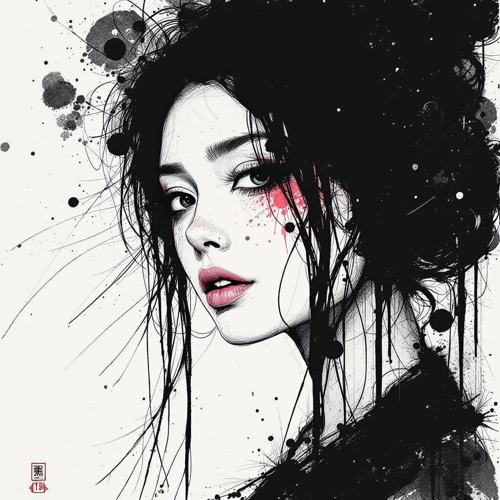 AI generated: Japanese ink portrait of a woman, in the style of Takashi Murakami --chaos 75 --ar 1:2 --style raw p...