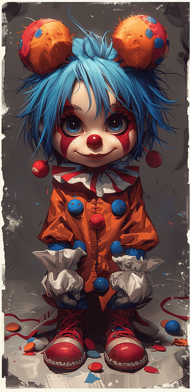 AI generated: Chibi style, colorful jester character with blue hair and big eyes, wearing red shoes and a clown co...
