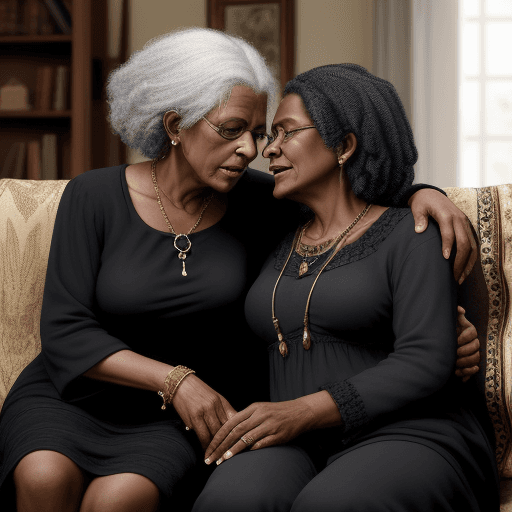 AI generated: Black old and wise woman whispering into,  a youngish black lady`s ear, seated on a cosy couch, fami...