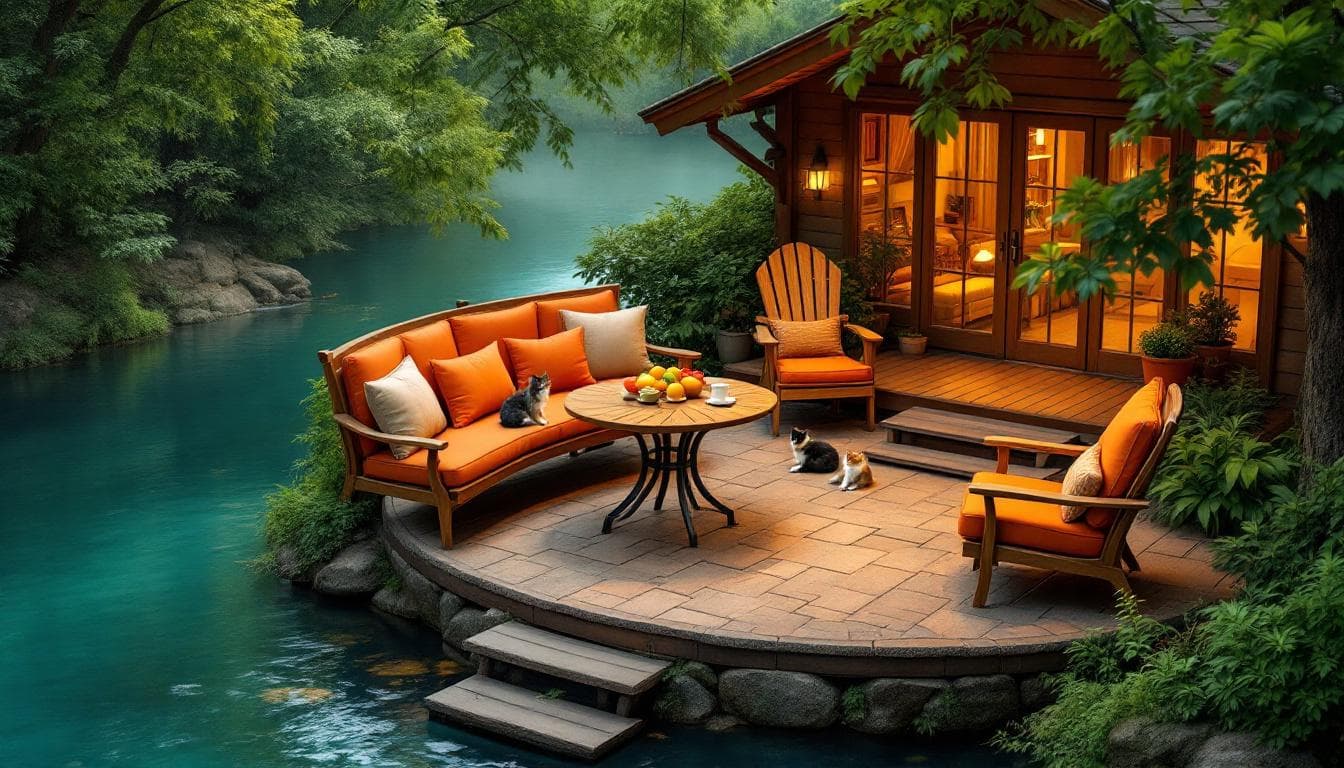AI generated: A wooden patio area, situated on a small island-like platform over a tranquil river, is surrounded b...