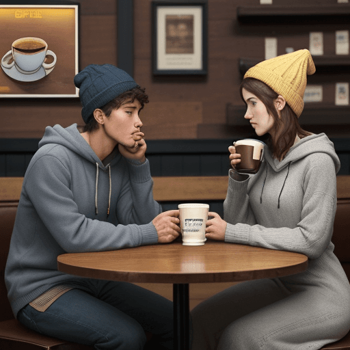 AI generated: "A man and a woman are drinking coffee in a coffee shop." Beautified prompt: "A young man and a woma...