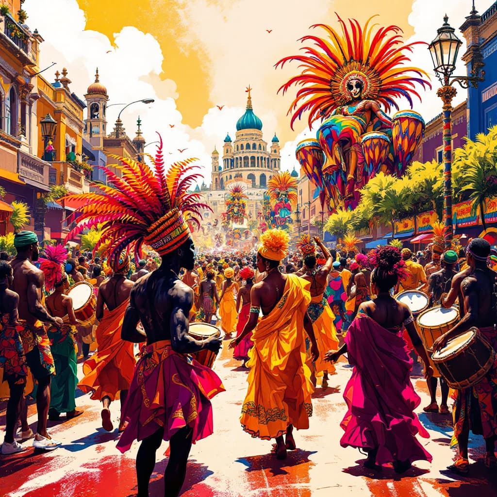 AI generated: A vibrant digital painting of the Lagos Carnival, featuring dancers in bright traditional attire, dr...