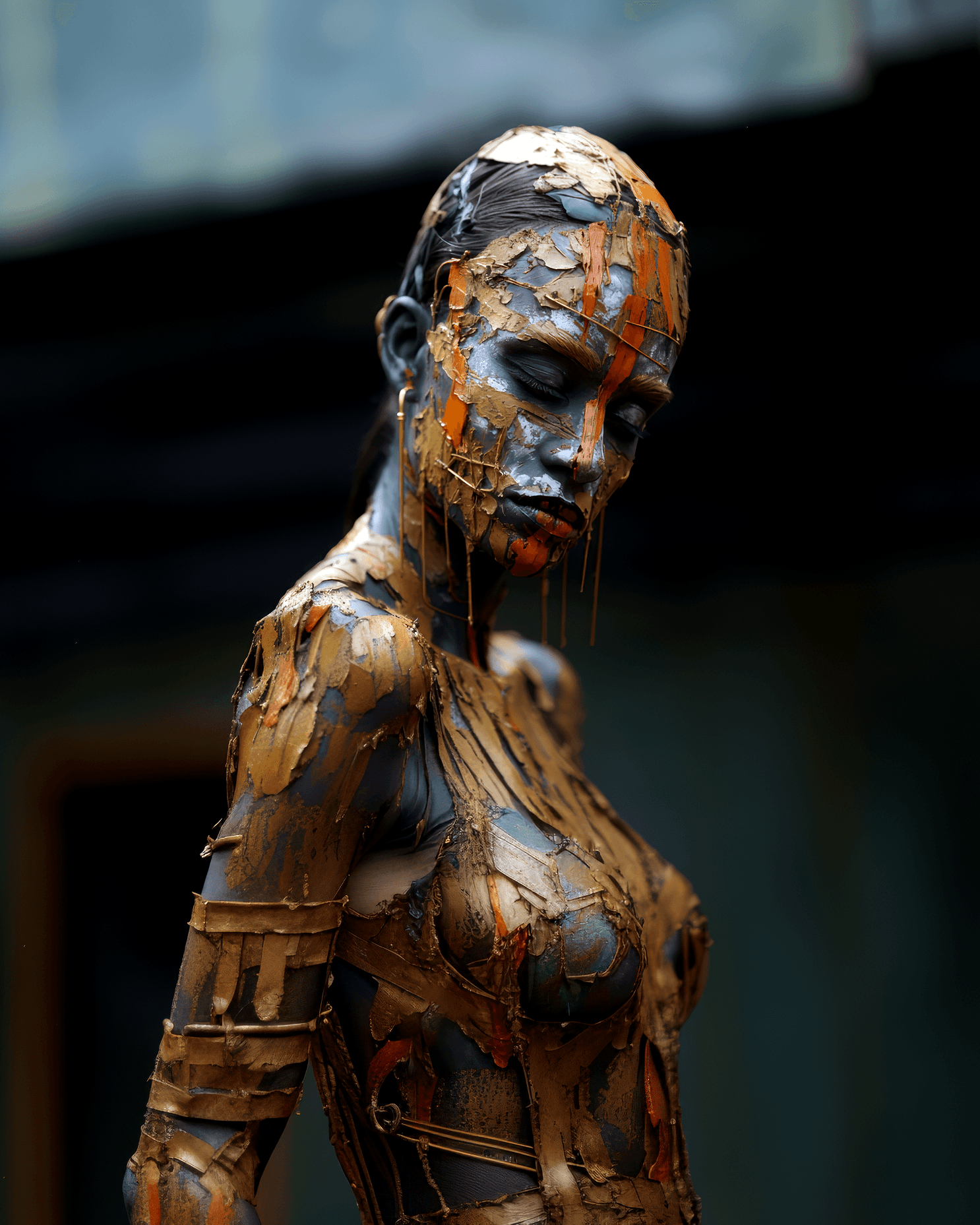 AI generated: hysterical woman wearing with painted on eyes, in the style of bronze and amber, body casts/body pri...