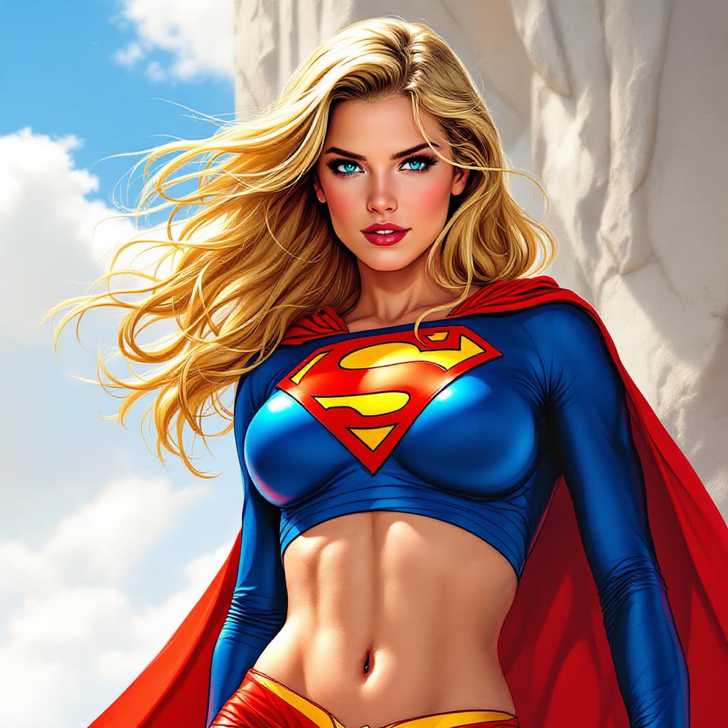 AI generated: Supergirl. Blonde Hair. Midriff.