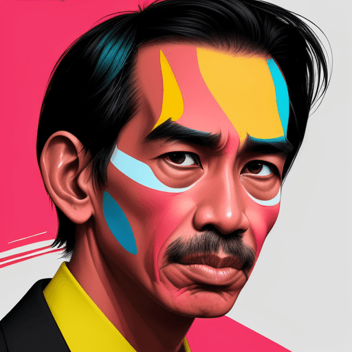 AI generated: Create a striking and bold image of Joko Widodo deep in thought, portrayed in a Neo-Pop Art style. C...