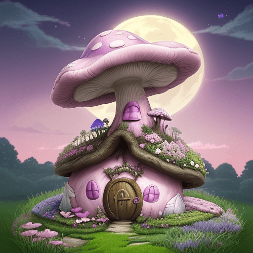 AI generated: Mushroom fairy house with beautiful garden fill with pink, purple, yellow and green flowers of diffe...