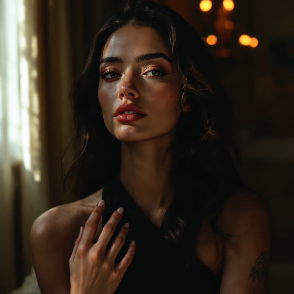 AI generated: Create a cinematic image of a 24-year-old woman with a natural, radiant appearance. She has a model-...