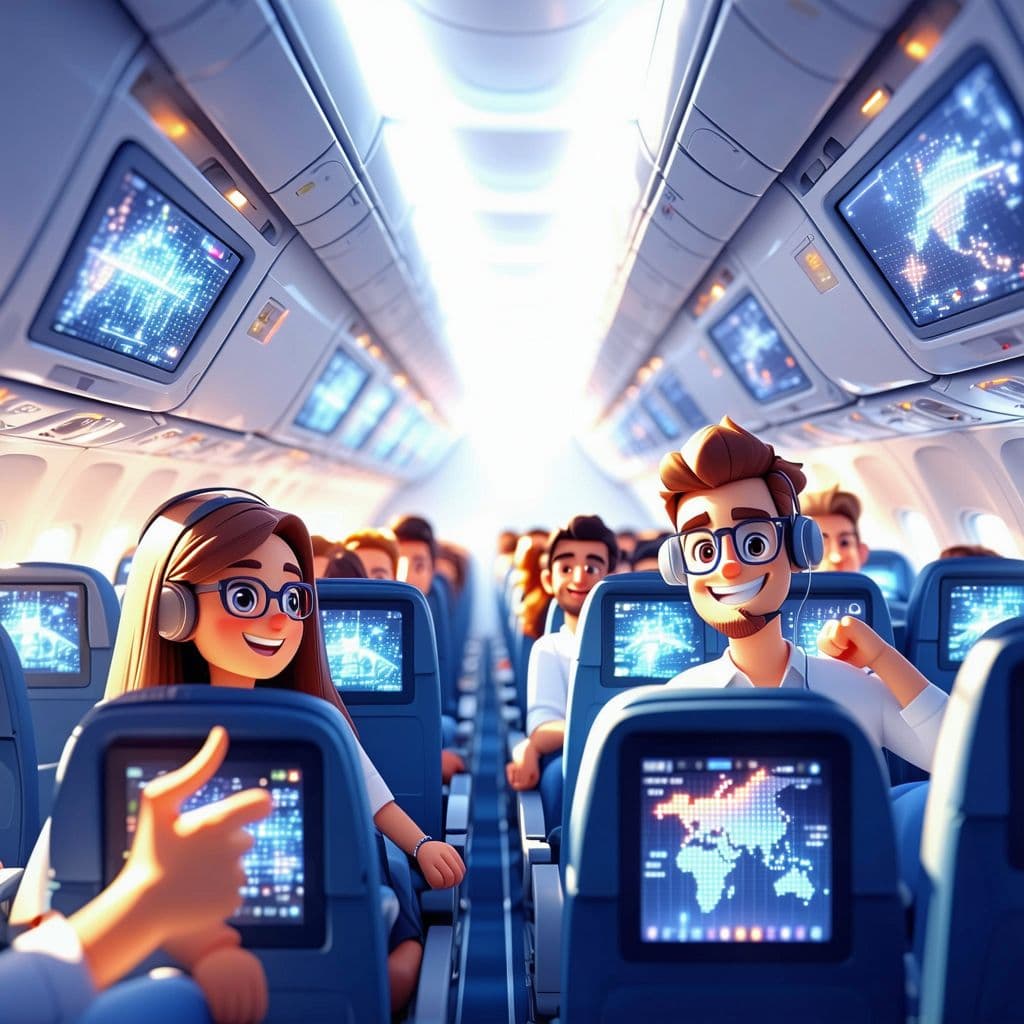 AI generated: Aircraft cabin with happy passengers and crew, bright colors, transperant windows,big screens and ra...
