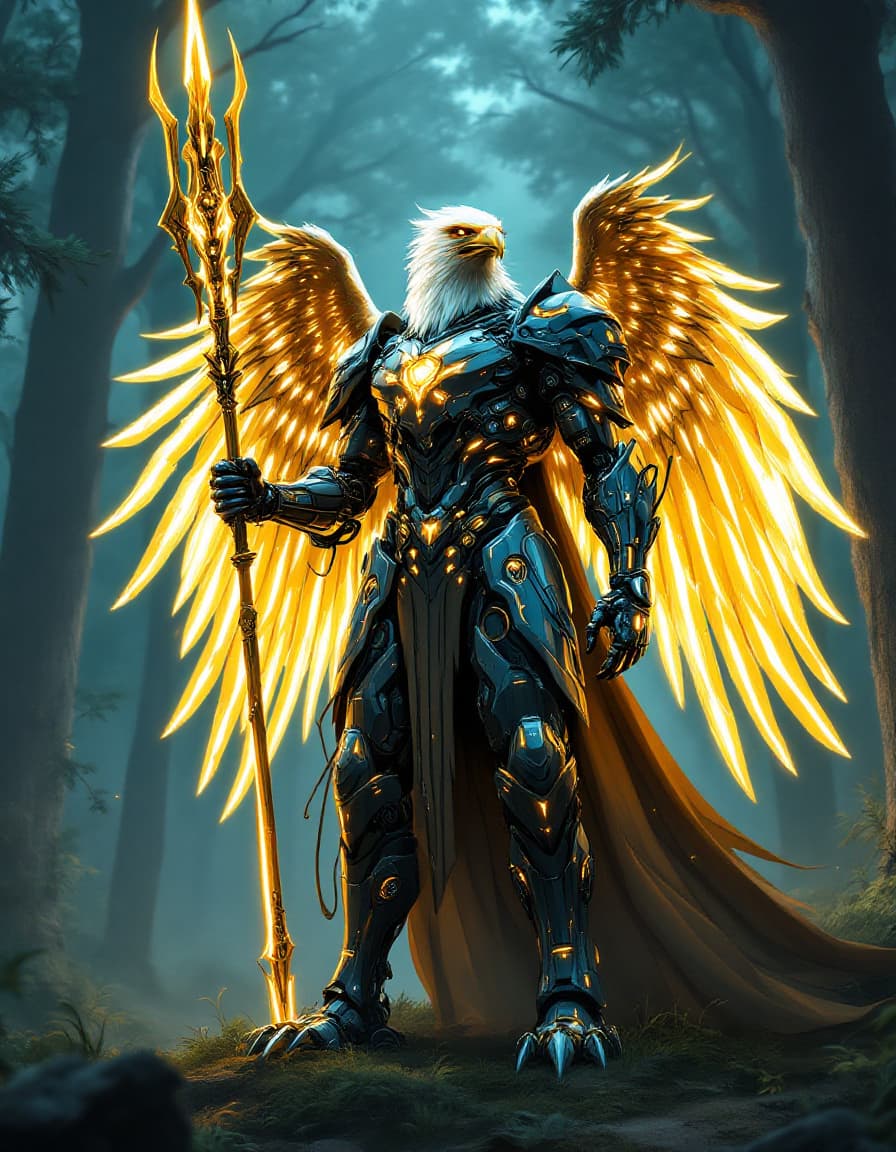 AI generated: A futuristic cyborg bald eagle guardian warlock neon-lit body and intricate circuitry a cybernetic e...